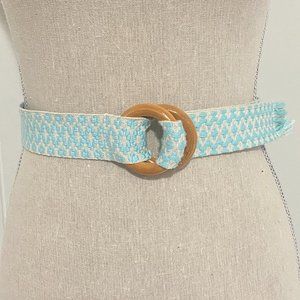 Woven Fabric Belt Blue Cream Geometric Print Bamboo Style D-Ring Closure Small